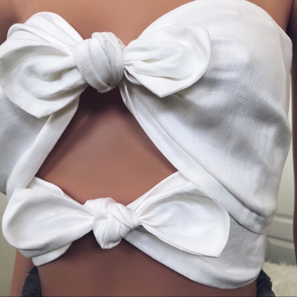 Double Knot Front Tie Linen White Crop Top - Picture 5 of 10